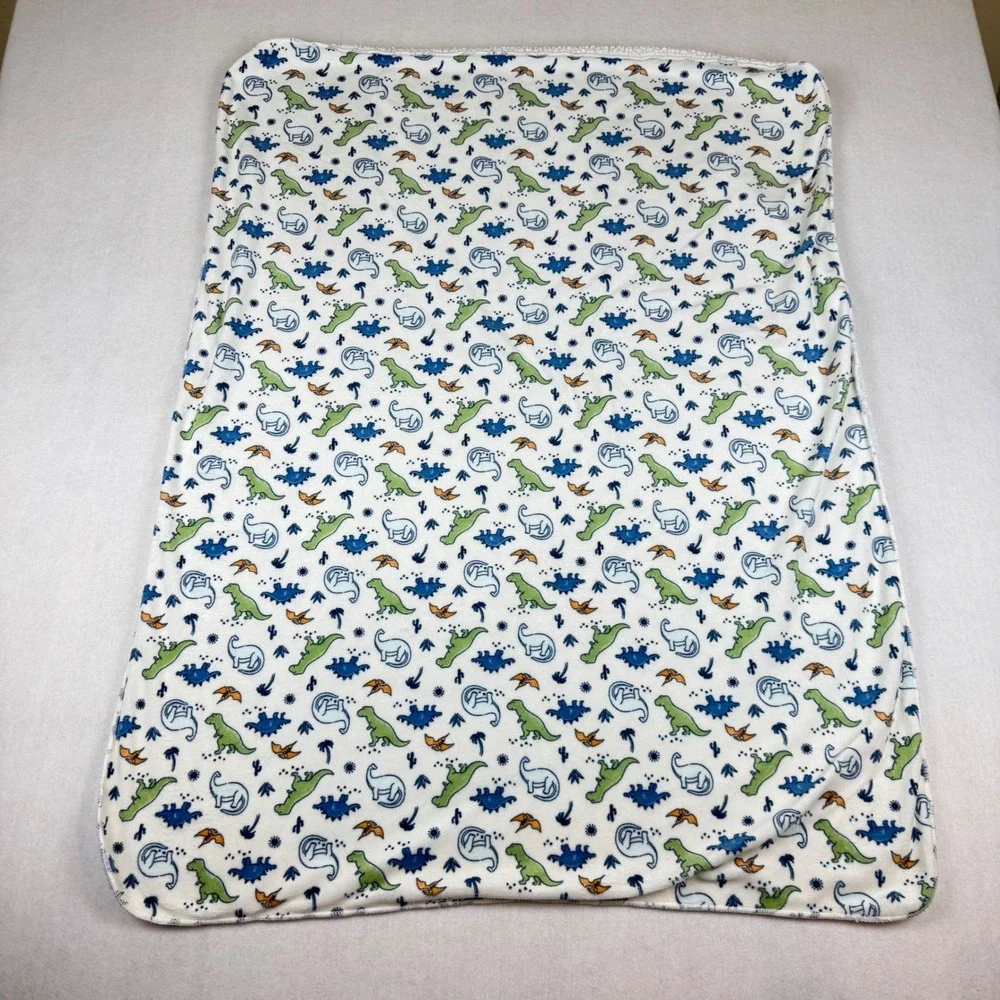 Dinosaur Print Reversible Sherpa Fleece Baby Blanket Blue Green White